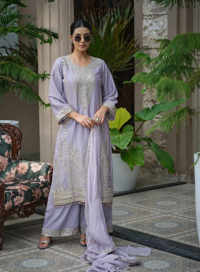 Dw  Women Floral Embroidered Straight Kurta and Palazzos with Dupatta Set for Women | Best Price UAE